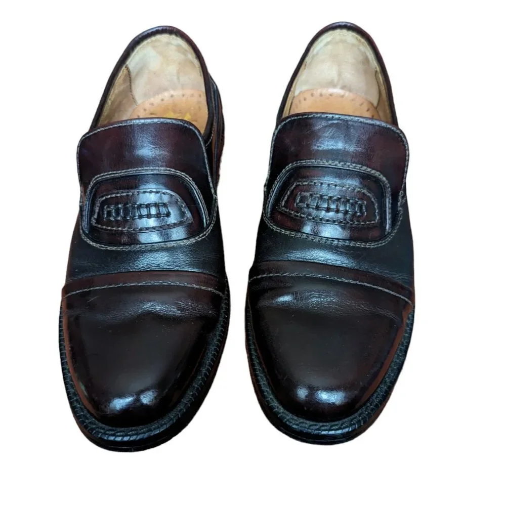 Vintage SANTONI Mens 5.5 UK Penny Loafers Oxblood Burgundy Leather Italy 3313 KK